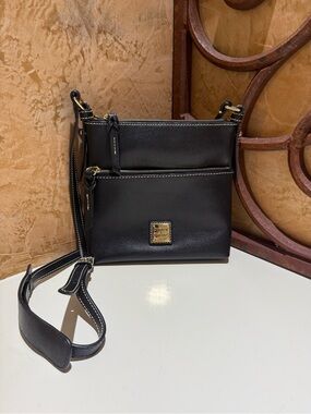 Dooney & Bourke Black Leather Crossbody with Gold Logo Plaque